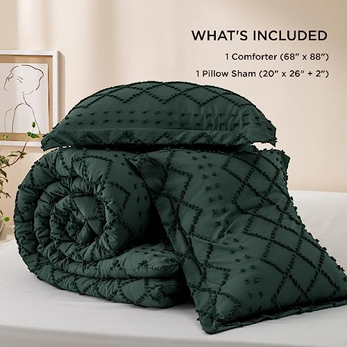 Image of Bedsure Twin Comforter Set - Forest Green Comforter, Boho Tufted Distressed Vintage Bedding for Kids, 2 Pieces Farmhouse-Style Bed Set for All Seasons, Fluffy Soft Bedding with 1 Pillow Sham