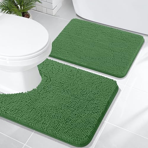 Image of OLANLY Bathroom Rugs Sets 2 Piece, Soft Absorbent Chenille Bath Mats and U-Shaped Contour Toilet Mat Area Rug Set, Machine Washable Bath Carpet, Home Decor Accessories(24 inchx16 inch+24 inchx20 inch, Olive Green)