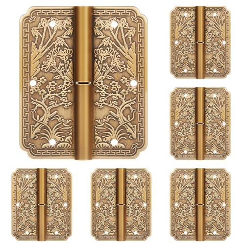 Otoolling 6pcs Antique Brass Hinges Double Small Door Removable Vintage Decorative Hinges 2. 4x2inch Four Seasons Flower Pattern for Furniture Cabinet Drawer Door Wardrobe Bookcase Wood Jewelry Box