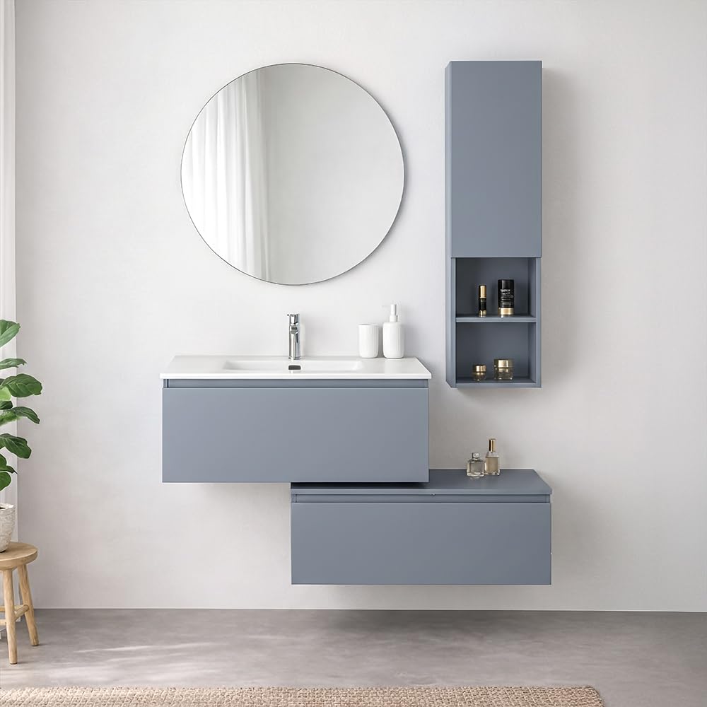Colonna Bagno Sospesa 115 Cm Azzurro Polvere – Mobile Pensile Con Anta Soft-Close, Vani A Giorno E ripiani Interni – Linea Nuvola