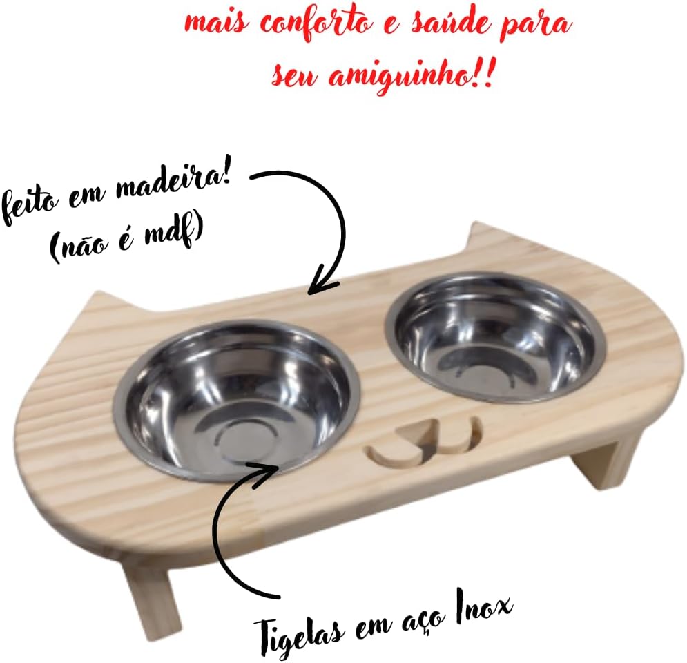 Genérico Comedouro Elevado para Gatos, 2 Tigelas em Aço Inox, Base em Madeira, Tamanho Pequeno, Alimentação e Água Genérico Comedouro Elevado para Gatos, 2 Tigelas em Aço Inox, Base em Madeira, Tamanho Pequeno, Alimentação e Água