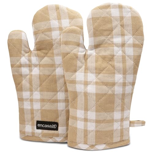 Image of Encasa XO Oven Gloves for Microwave (2 pc Set) - Heat Proof, Thick & Safe | Longer 18x30 cm Mittens for Protection in Kitchen Cooking & Baking - Franca Beige Checks