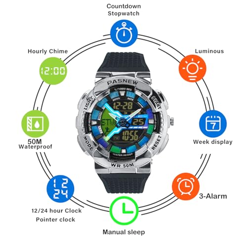 Image of PASNEW Boys' Watches - Dual Display, Large Dial Sport Watch, Black Outdoor Watch for Boys & Teens - Waterproof