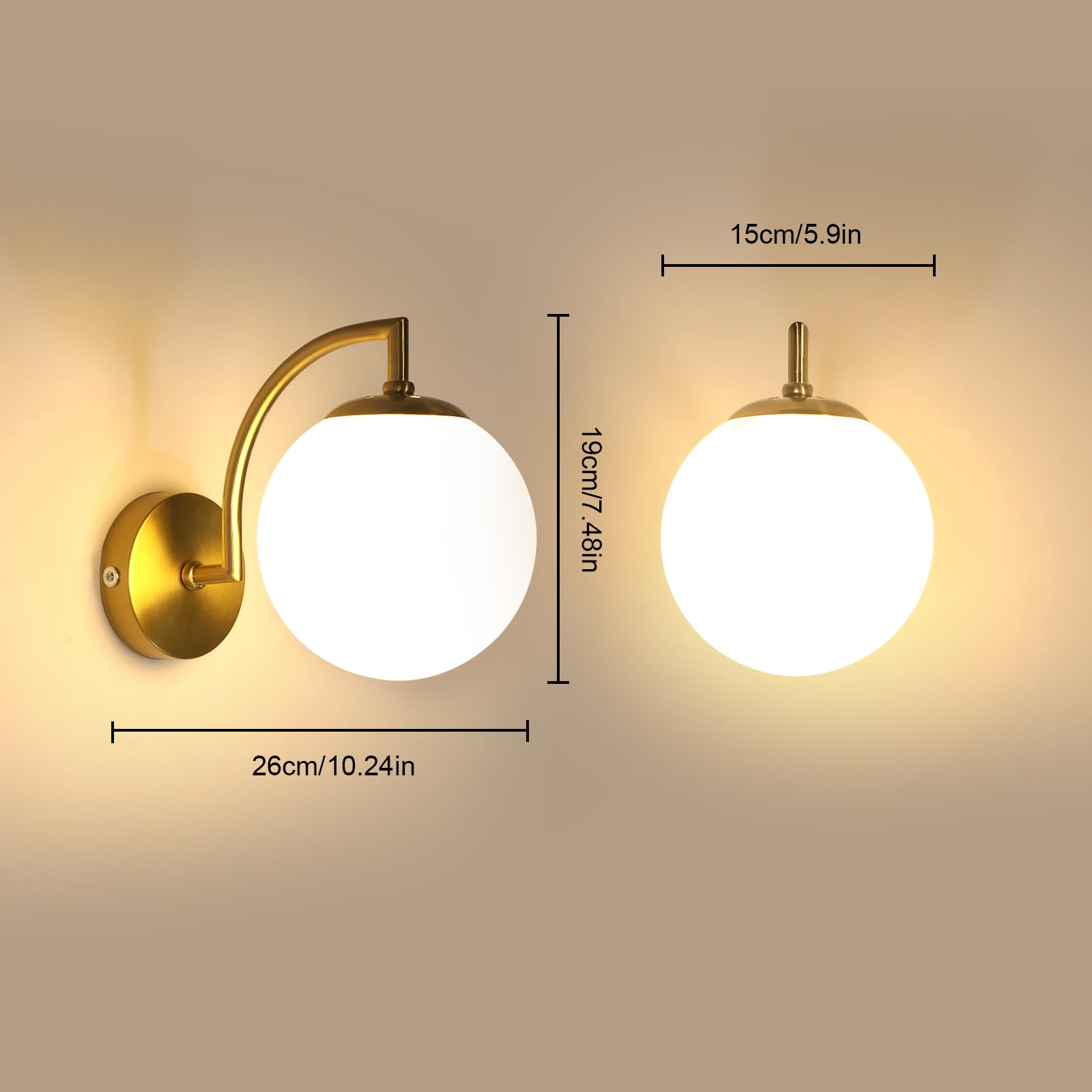 Goeco Applique da Parete Interno Oro, E27 Lampada da Parete di Sfera Vetro Moderna, Lampada a Muro a Forma di Lanterna per Camera da letto, Soggiorno, Corridoio, Senza Lampadina, Paralume Dia.15 cm