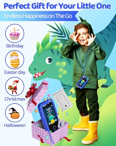 Image of KOKODI Kids Smart Phone Toys, Touchscreen HD Dual Camera Cell Phone for Kids, Birthday Gifts Dinosaur Toddler Play Phone for Boys 3-10, Travel Learning Toy with 8GB SD Card(Navy Blue)