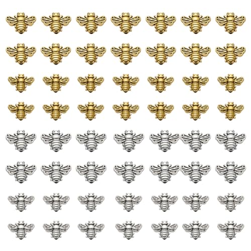 PH PandaHall 100pcs 2 Sizes Bee Spacer Beads Honeybee Metal Beads Tibetan Style Alloy Spacers Bumble Bees Bracelet Bead for Necklace Bracelet Jewelry Making Keychain Antique Silver/Antique Golden