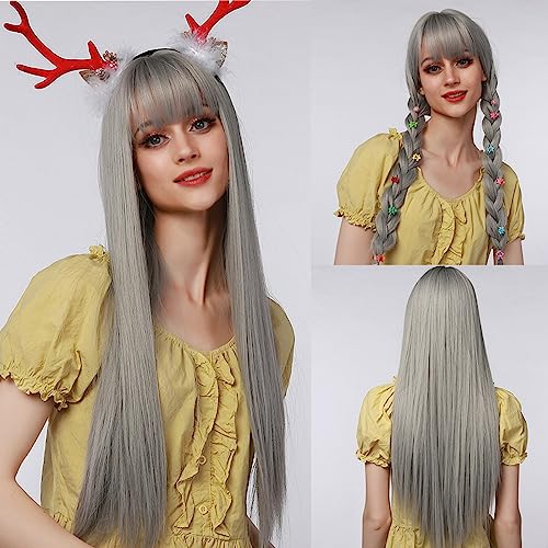 Alta Qualità Parrucca Donna Lunga Sintetica Con Frangia, Dritta Liscia Naturale Grigio Argento Realistiche Wig Per Cosplay Feste Carnevale