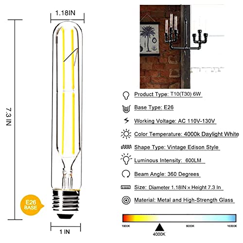 Dimmable T10 Led Bulbs,4000K Daylight White ,6W Tubular Light Bulb, Edison Led Bulb 60 Watt Equivalent,E26 Medium Base 600Lm, Clear Glass Cover,7.3In(185Mm),4-Pack #TOP2