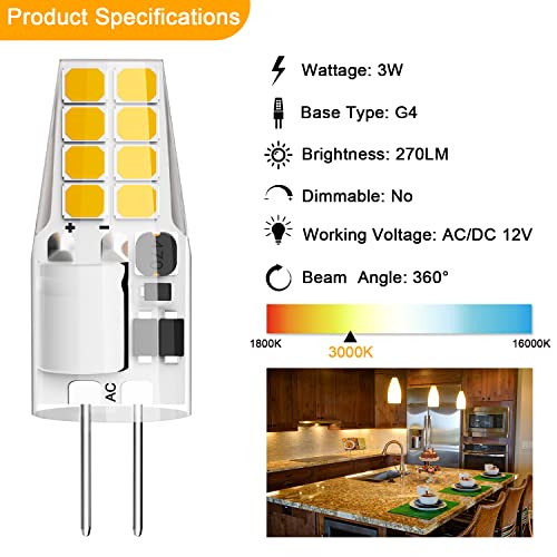 Dumiloo G4 Led Bulb T3 Jc Bi-Pin Base 3W Ac/Dc 12V Warm White 3000K 20W-25W Halogen Bulb Replacement For Under Cabinet Puck Light, Chandelier, Rv, Landscape Lighting (6 Pack) #TOP3