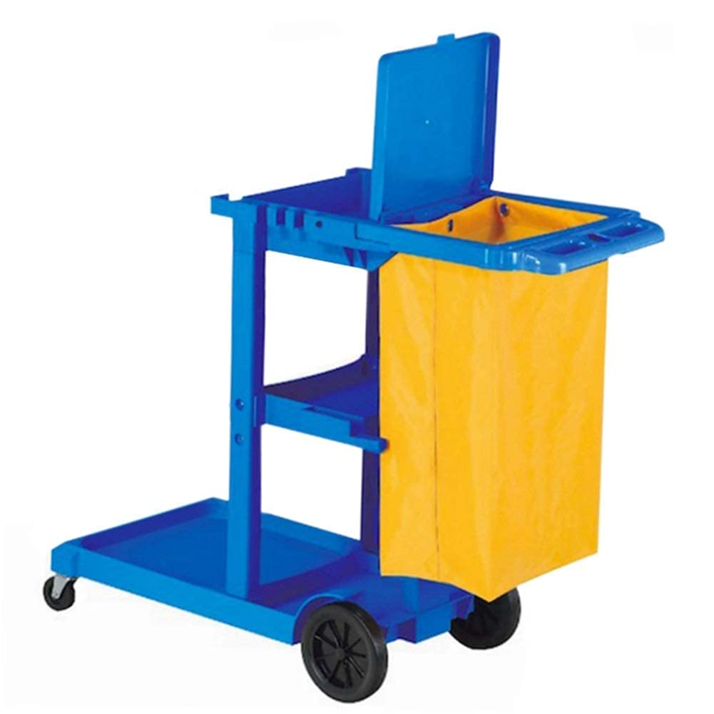 Carrito de servicio multifuncional resistente con tapa, ruedas grandes, capacidad de 100 kg, ideal para uso comercial, limpieza de limpieza, gris y azul