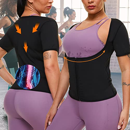 Sauna Sweat Shirts For Women Sauna Suit Short Sleeve Waist Trainer Top Fitness Slimming Body Shaper Zipper #TOP4