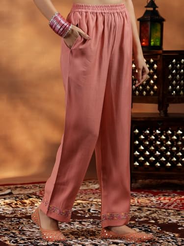 Image of Libas Embroidered Silk Blend Straight Kurta With Trouser and Dupatta