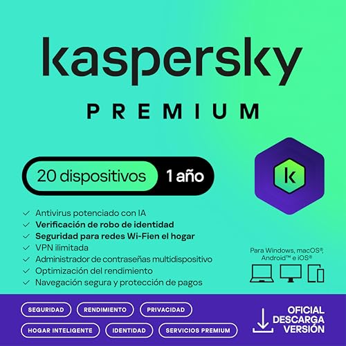 Antivirus y seguridad informática | Kaspersky Premium Total Security 2026 20 Dispositivos 1 Año Anti-Phishing Y Firewall Vpn Ilimitada Gestor De Contraseñas Control Parental Soporte 24 7 Pc Mac Móvil Código Por Email