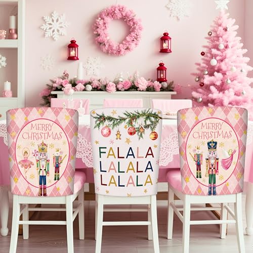 Image of Christmas Chair Covers Set of 6 Pink Nutcracker Christmas Tree Chair Back Covers Holiday Dining Chair Slipcovers Protector Kitchen Dining Room Decor Festival Party Decoration