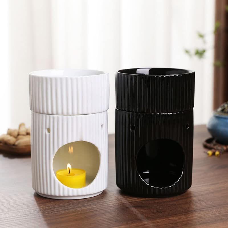 Warmself Stylish Stripe Design Ceramic Tealight Candle Holder Oil Burner, Essential Oil Incense Aroma Diffuser Furnace Home Decoration Romantic Black