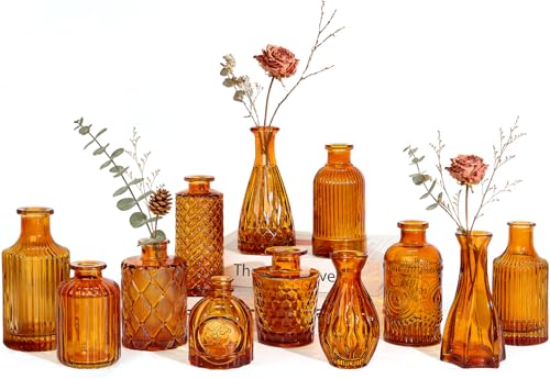 Brown Glass Bud Vases Set of 12 Mini Flower Vase for Centerpieces Small Amber Bud Vases in Bulk for Wedding Decorations Vintage Vase for Table Recepetion Home Dcor