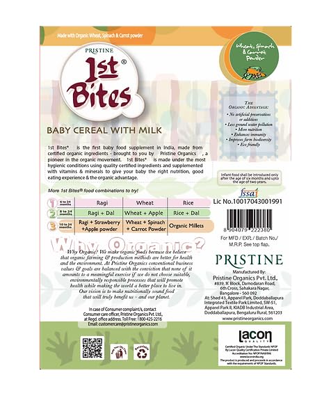 Image of Pristine 1st BITES Baby Cereal 300g | Baby Food (10-24 Months) Stage-3, Organic Wheat, Spinach & Carrot Powder | Infant Food