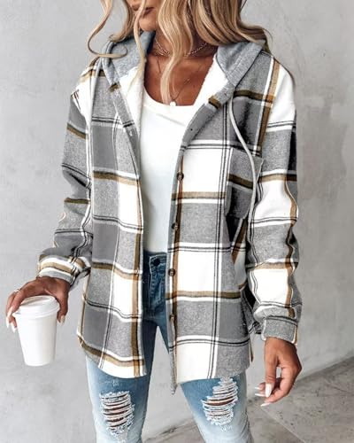 Women's Plaid Hooded Button-Down Shirt Jacket, Long Sleeve Flannel Check Pattern, Casual Fall Winter Outerwear2