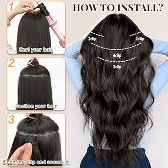 ALXNAN Clip in Long Wavy Synthetic Hair Extension 4PCS 24 Inch Dark Brown Thick Hairpieces Fiber Double Weft Hair for Women