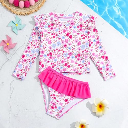 Image of Toddler Swimsuit Girl 3 Piece Rash Guard Bathing Suit Cute Little Girls Long Sleeve Quick Dry Swimwear 1-6 Years