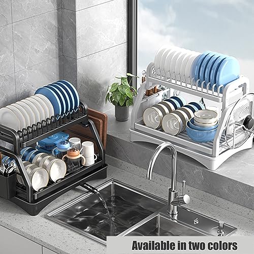 Escurridor de platos de 2 niveles con soporte para cubiertos y bandeja de drenaje. Orga de cocina para un secado eficiente y un almacenamiento elegante, sistema de drenaje automático