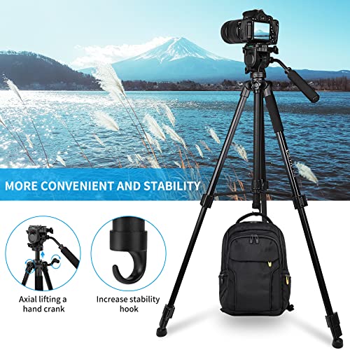 Tripod, 73 Inch Tripod For Camera 15 Lbs Loads With Fluid Head, 2 Quick Release Mounts And Tablet & Phone Mount #TOP3