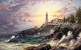 CHEUALY Kits de pintura de diamante para adultos Thomas Kinkade Coast Lighthouse Wave House 5D Full Drill Punto de cruz Kits de pintura para el hogar Decoración de oficina 40x40CM