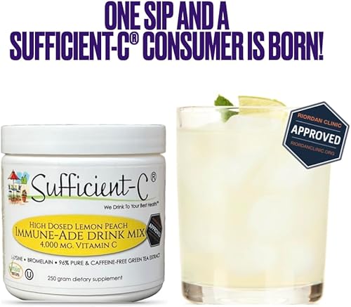 Miniatura 7 de Sufficient-C Alta dosis de 4000 mg Vitamina C sin OMG - Mezcla de bebida inmune de melocotón limón tamaño de 882oz - hidratación saludable y
