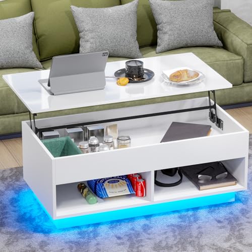 HOMMPA 40\" Modern LED Coffee Table with Storage for Living Room, Lift Top Coffee Table with 2 Shelves, High Glossy Wooden Dining Table, Multifunctional Furniture for Bedroom/Home Office, White