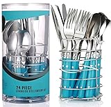 24 Teiliges Besteckset / Menübesteck Set mit Blauen Kunststoffgriffen. Bestehend aus je 6 Messern, Gabeln, Löffeln und Kaffeelöffeln und Besteckkorb - so hat man alle Besteckteile griffbereit.