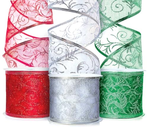 Christmas Ribbon for Gift Wrapping Ribbons Wired - 2.5 Inch Set - Ribbon Wire Red, Green, and Silver Sheer Organza Glitter for Gift Wrap, Xmas Tree Decoration, Holiday Craft