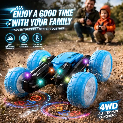 Titrot Remote Control Car for Kids, 360° Rotating Stunt Car, Double-Sided Driving, 2.4GHz RC Car, Rechargeable All-Terrain Toy, LED Glowing Wheels with Projection, for Boys & Girls Ages 4-8 — view 3