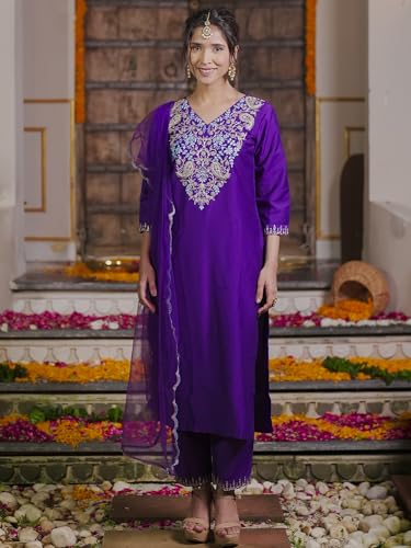 Image of INDO ERA Women's Silk Embroidered Straight Kurta With Pant & Dupatta Set