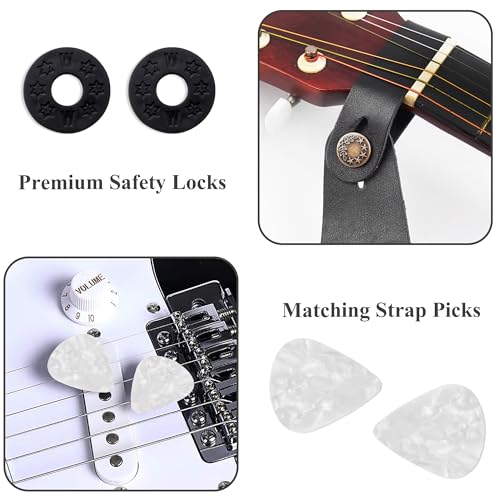 Image of Adjustable Guitar Strap Includes 2 Strap Locks & 2 Matching Picks & 1 Picks Holder & 1 leather Strap Button.
