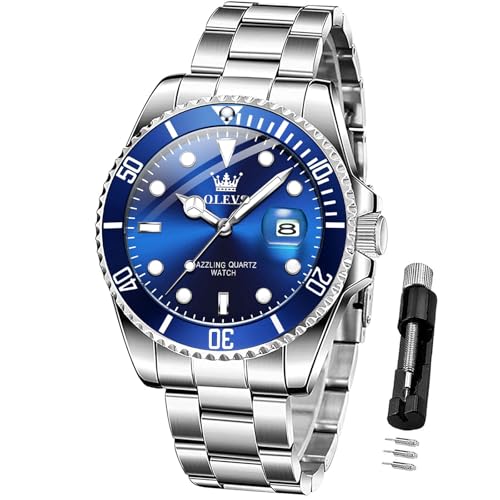 OLEVS Silver Watch for Men Blue Classic Mens Dress Watches Large Face Stainless Steel Analog Quartz...