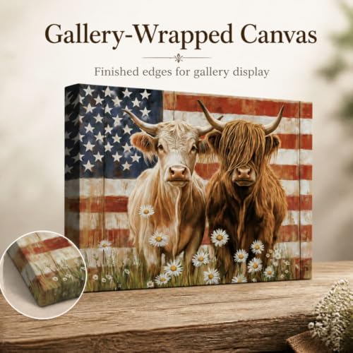 Image of Highland Cow Americana Flag Canvas Print Picture Wall Art for Home Decor | Patriotic Animal, Gallery Wrapped, for Living Room