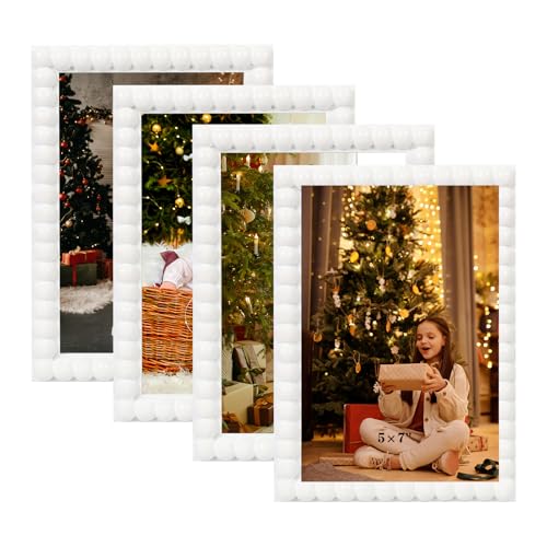 5×7 Picture Frame Set of 4, White Beaded Photo Frames Display Pictures 5×7 without Mat, Multi Photo Frames Collage for Wall or Tabletop Decor