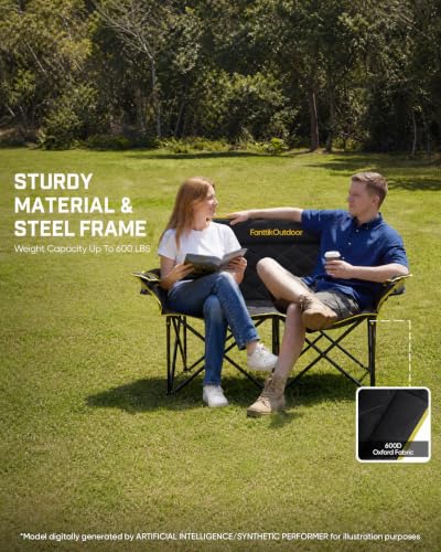 Image of FanttikOutdoor Zeta L11 Duo Pro Double Camping Chair, 2 Person Portable Folding Couch, Support up to 600 lbs, High Strength Loveseat with Cup Holder & Carry Bag for Travel, Games, BBQ, Backyard, Black