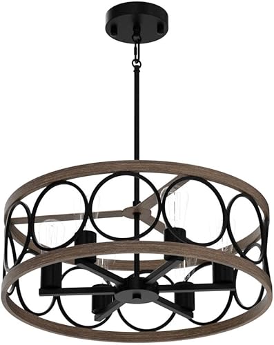 Miniatura 4 de Candelabro moderno de tambor de granja, acabado de madera negro y retro, 6 luces redondas de metal antiguo vintage para cocina, comedor, sala de