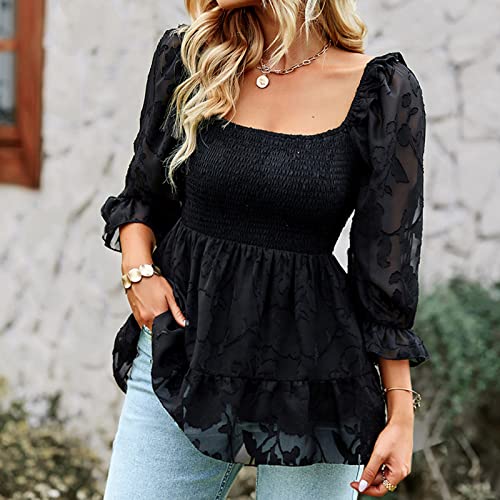 Amikadom Camisetas femininas verão outono punho manga bufante gola redonda túnicas longas finas cami