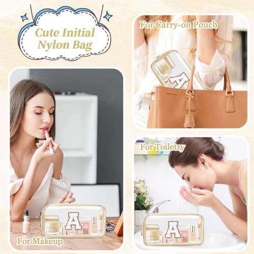 Iqimott Mini Clear Personalized Initial Makeup Bag, Nylon Preppy A-Z Chenille Letter Patch Zipper Cosmetic Bag, Small Cute Pouch Travel Coin Purse Toiletry Bag, Small-Beige, A — view 4