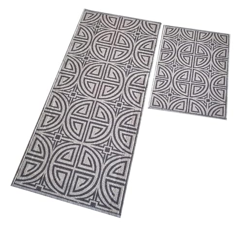 Image of Matz&More Anti Slip Runner & Floor Mat Combo Set 50x120cm Runner 40x60cm Door Mat Greek Geometric Pattern Nylon Tufted Low Pile Non-Skid Rubber Backing Indoor Carpet for Kitchen, Bathroom, Grey Beige
