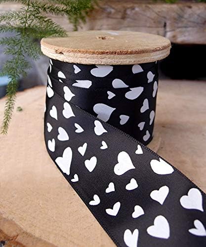 1.5" Flock Heart Satin Ribbon Love Valentine 25 Yard Roll (White Satin Black Red)