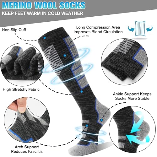 Anlisim Merino Wool Ski Thermal Unisex Socks For Men Women Winter Warm Thick Knee High Long Skiing Snowboarding Socks 3 Pairs Gift Stocking Stuffers  thumb #2