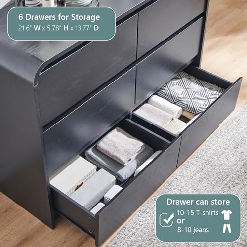 Aitjunz Modern 6 Drawers Dresser for Bedroom, 47\" Wide Wood Dressers & Chests of Drawers w/Curved Profile Design, Mid Century Modern Dresser w/Natural Texture for Bedroom, Living Room, Black