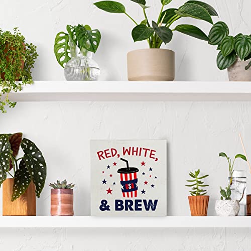 Country Red White And Brew America Coffee Wood Box Sign Rustic Patriotic Wooden Box Sign Decorative Summer Sign Block Plaque For Home Office Kitchen Desk Table Shelf Decor 5"X 5" #TOP4