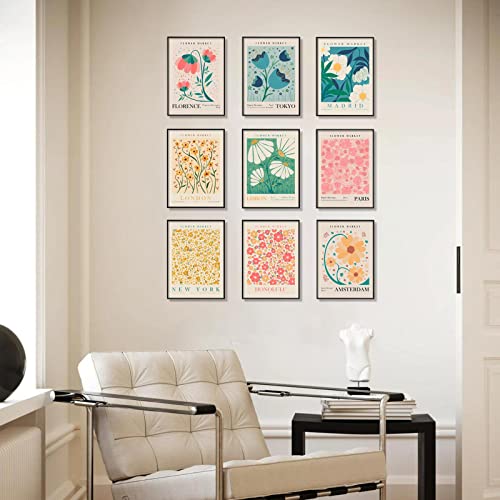 Flower Market Poster Set Of 9, Abstract Flower Market Wall Art Prints, Vintage Colorful Floral Wall Art Decor, Minimalist City & Flower Painting Pictures For Aesthetic Room, Bedroom, Living Room, Gallery, Boho Room Decor（8X10Inch, Unframed) #TOP3