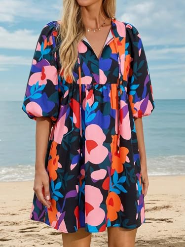 Yousify Womens Summer Dress 2026 Puff Sleeve V Neck Plus Size Floral Print A Line Mini Babydoll Dresses with Pockets — view 2