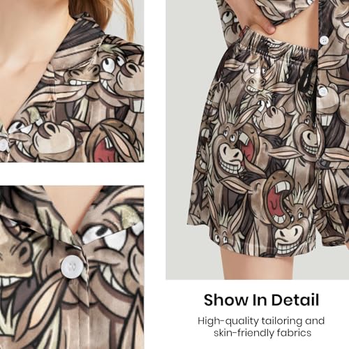 Image of Funny Pajamas for Women Set Print Satin Loungewear Pjs Short Sleeve Button Down Top and Shorts Sets Sleepwear XS-3XL