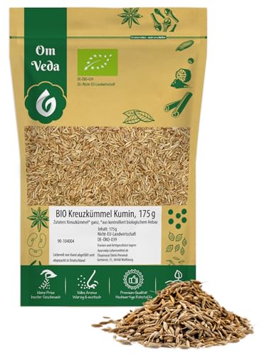 BIO Kreuzkümmel Samen Ganz 175g | Premium Cumin Seeds für Indische Orientalische & Vegane Küche | Ideal für Curry Gemüse Chutneys Pickles & Fleischgerichte | OmVeda Bio Gewürz DE-ÖKO-039